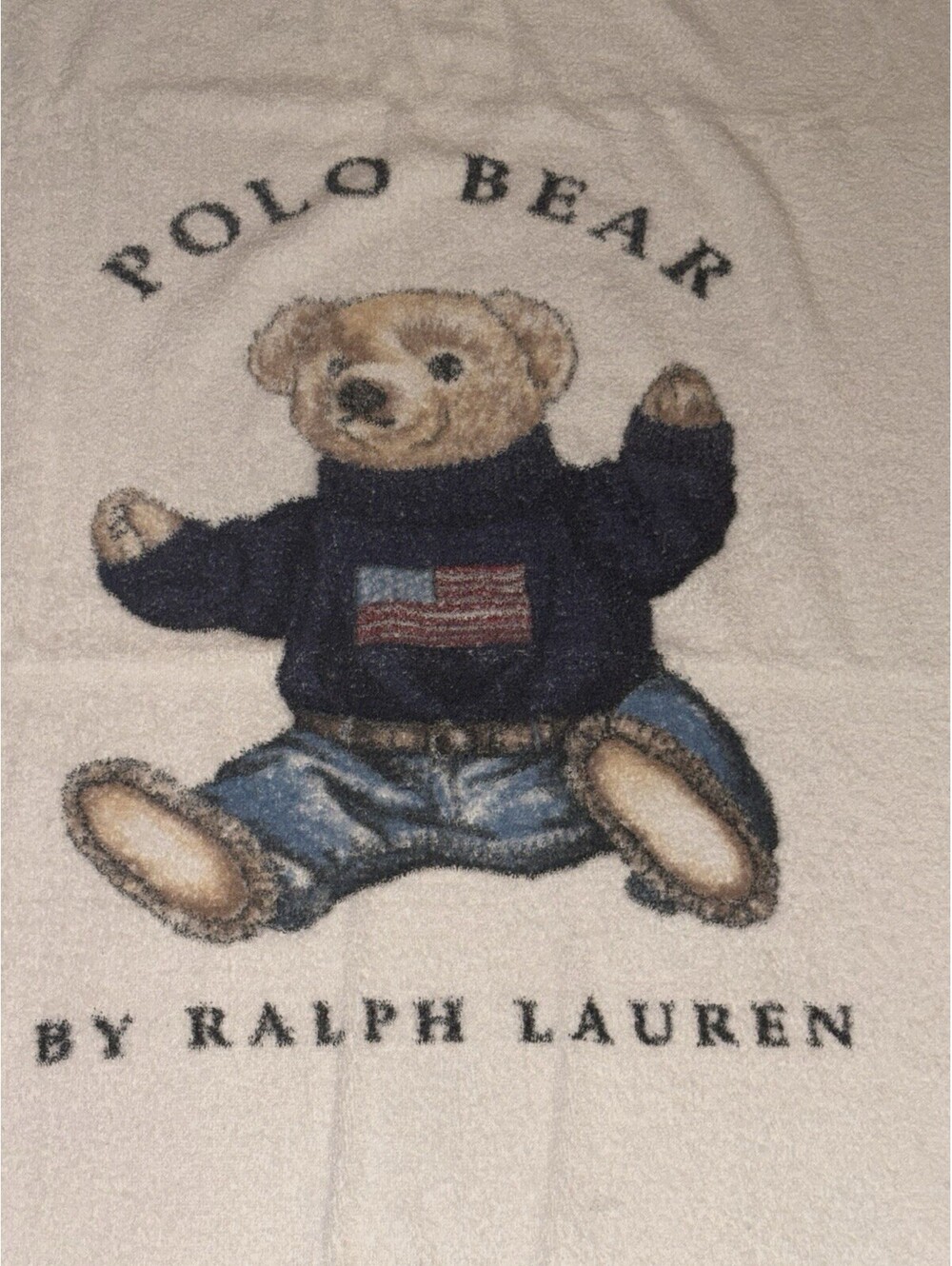 Vintage Polo Ralph Lauren Bear USA Flag Sweater Sitting Down Beach Towel 67"x35"